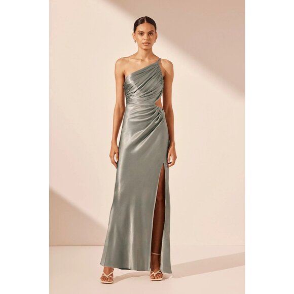 Shona Joy La Lune Asymmetrical Gathered Maxi Dress in Sage 10 New Womens Gown - Picture 9 of 14
